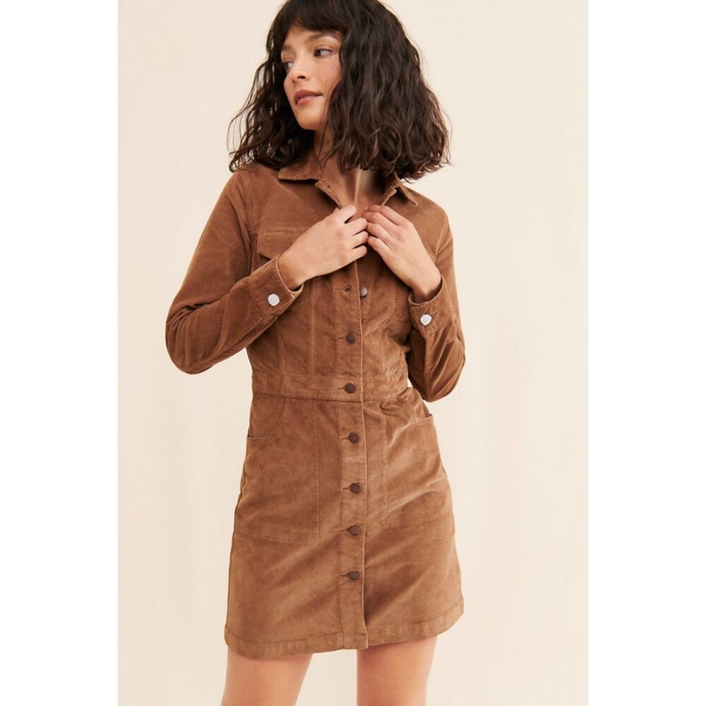 Faherty Michelle Corduroy Mini Dress Brown Button Front Long Sleeve Size 4